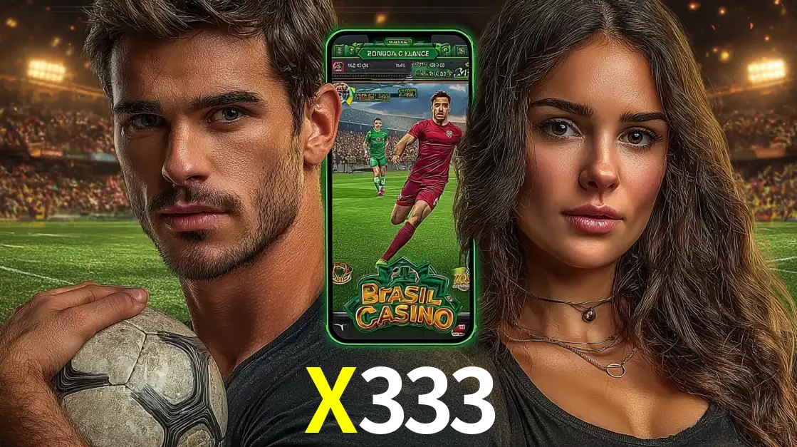 Homem segurando uma bola de futebol e uma mulher ao lado de um smartphone exibindo o jogo de apostas esportivas da X333. Faça seu palpite no cassino online.